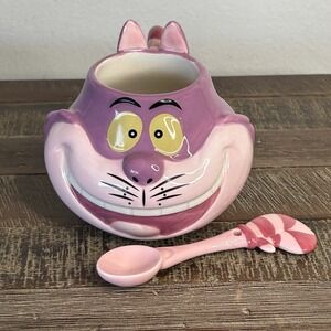 Disney Cheshire Cat Mug Spoon Set Alice in Wonderland 12 Oz Coffee Tea Purple